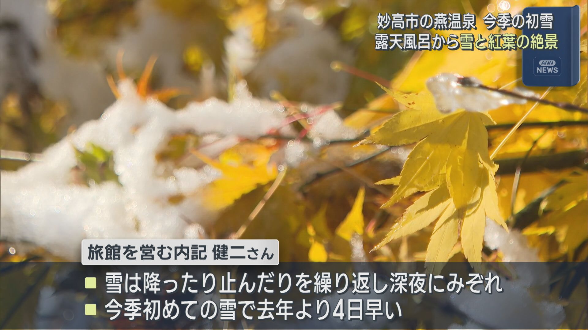 【今シーズン初雪】妙高市･燕温泉の露天風呂から 雪と紅葉の絶景【新潟】