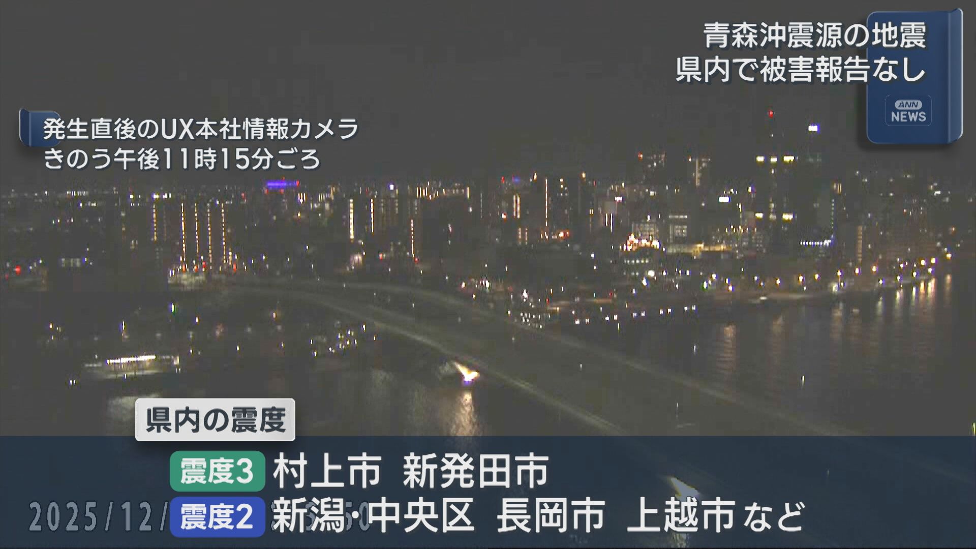 村上市･新発田市で震度3 県内の被害報告なし：青森県東方沖を震源とする地震【新潟】