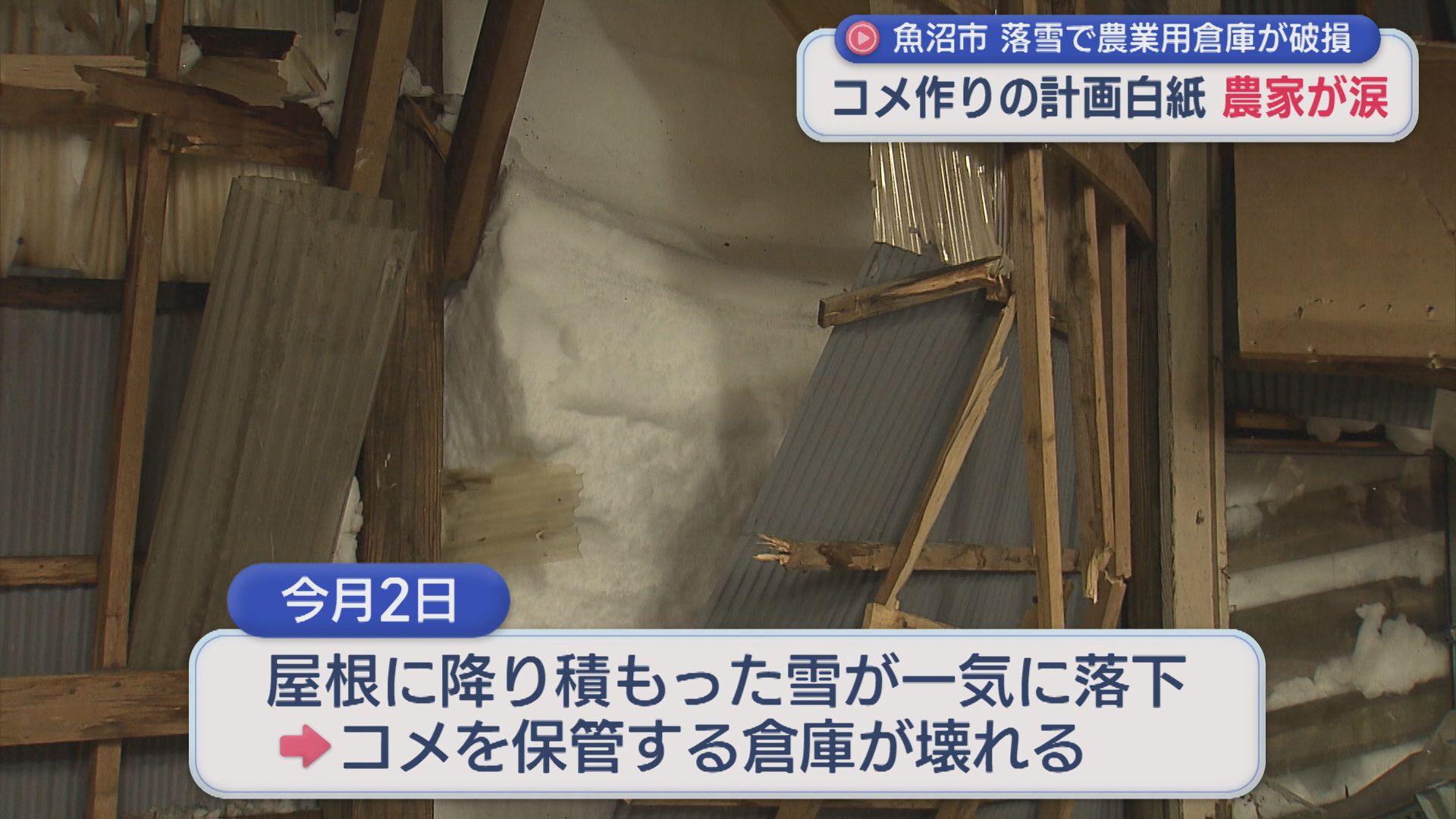 コメ作りの計画「白紙の状態」「大げさでなく死活問題」落雪で農業用倉庫が破損【新潟･魚沼市】